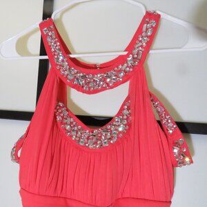Long Coral sleeveless dress with rhinestone accents